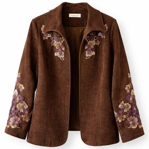 Coldwater Creek Beaded Embroidered Brown Open Front Jacket Floral Boho Women’s